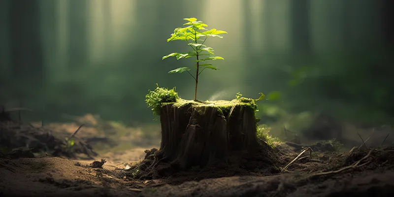 Es steht ein von Sonnenlicht bedeckter Baumstamm im Wald.